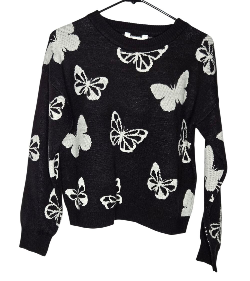 No Boundaries Black & White Butterfly Pullover Crewneck Sweater Juniors Medium